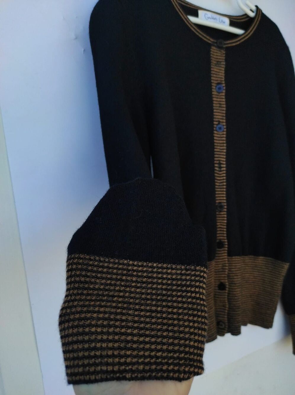 Golden Line 100% Wool Cardigan Black Brown Striped Trim XXS XS Women Button Up - Picture 11 of 16